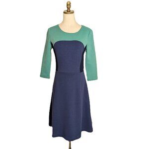 Boden Colorblock Quilted Fit & Flare Midi Dress Size 6R Sage Green Blue